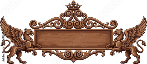 Intricate heraldic wood carving vector featuring two winged griffins flanking a blank scroll frame with a crown topper isolated on white background.
