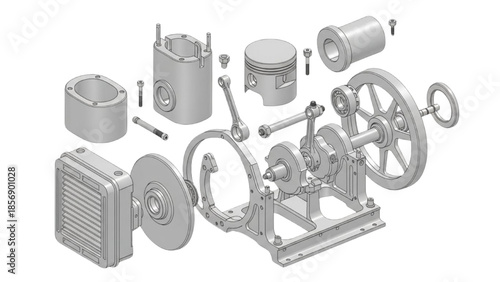 Stirling Engine Exploded Assembly Diagram Showing Flywheel and Piston Mechanism