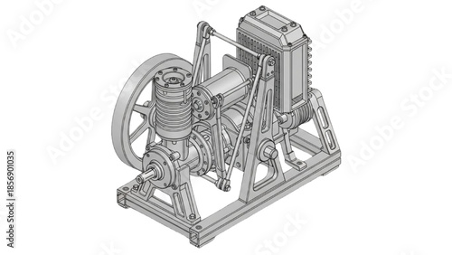 Stirling Engine Assembled Mechanical System with Flywheel Engineering Illustration