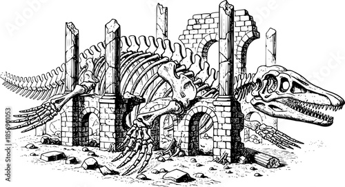 Engraved Illustration of a Fossilized Sea Monster in the Ruins o
