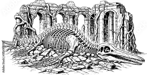 Engraved Illustration of a Fossilized Sea Monster in the Ruins o
