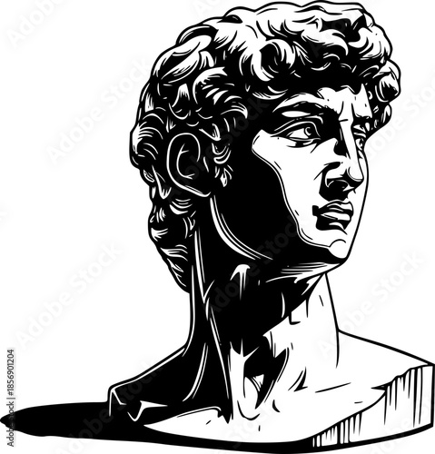 Graphic depiction of a celebrated sculpture in stark woodcut sty
