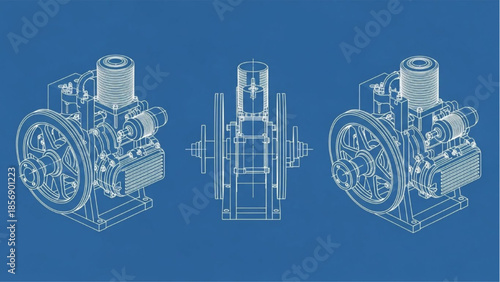 Stirling Engine Blueprint Technical Drawing with Orthographic and Isometric Views