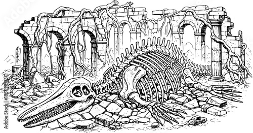 Engraved Illustration of a Fossilized Sea Monster in the Ruins o
