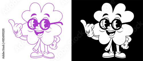 Wise four leaf clover mascot character illustration wearing glasses in purple line art and inverted white version.
