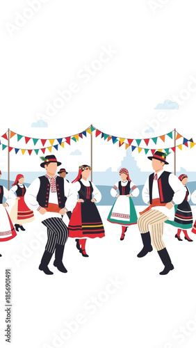 People in traditional clothing dancing under festive banners.