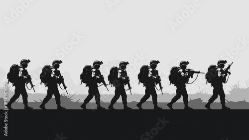 Silhouette of armed soldiers in tactical gear – military squad formation with helmets, rifles, and combat uniforms, isolated black vector illustration of special forces