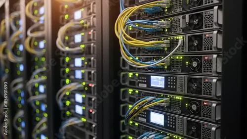 Server Room Rack with Blinking Lights and Network Cables.