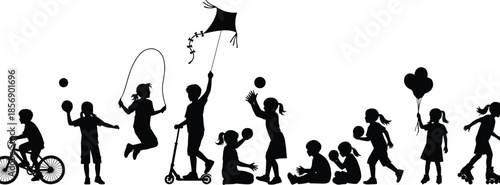 Children silhouettes, outdoor play, physical activity, black vector icons, scooter ride, kite flying, jump rope, ball game, balloons, fun