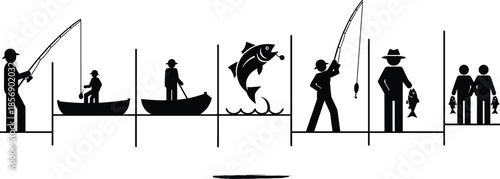 Fishing silhouettes, catch sequence, outdoor sport, black vector icons, boat fishing, big fish jump, rod action, hobby, nature, lake