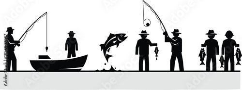 Fishing silhouettes, rod action, dock and boat, big catch, black vector icons, outdoor sport, fish jump, hobby, nature, success