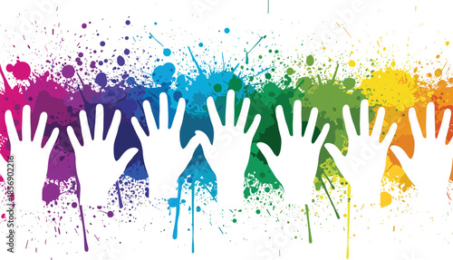 Hands, silhouette, colorful, diversity, unity, inclusion, creativity, paint, splash, vibrant, background, raised, expression, community, art, multicolor, abstract, equality, illustration, celebration