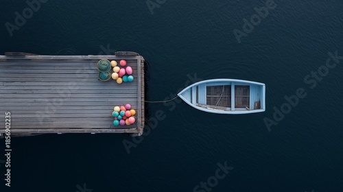 A minimalist top-down aerial view of a small blue rowboat tied to a wooden pier with colorful buoys floating on deep blue water