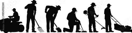 Landscaping silhouettes, gardening tools, outdoor maintenance, pitchfork, shovel, lawn mower, weed trimmer, kneeling worker, black vector icons, yard work