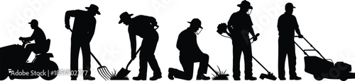 Lawn care silhouettes, gardening tools, yard work vector, mowing, raking, weeding, landscaping icons, black illustration, outdoor maintenance, grass