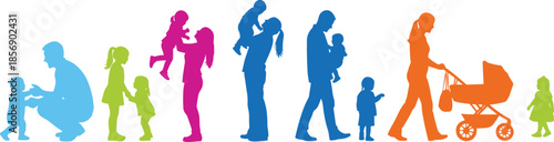 Parenthood silhouettes, child development stages, family bond, colorful vector icons, stroller, baby care, toddler walk, lifting child, parenting journey, love
