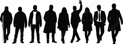 People, silhouette, walking, standing, diverse, clothing, casual, formal, motion, group, black, white, community, interaction, pose, style, urban, illustration, fashion, socialc