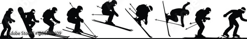 Ski jump silhouettes, skier motion, winter sport vector, black icons, freestyle skiing, airborne action, landing pose, snow activity, speed, skill