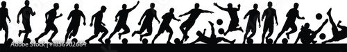 Soccer, silhouette, player, action, kick, run, dribble, pass, tackle, sport, motion, black, vector, flat, dynamic, energy, teamwork, horizontal, illustration, sequence