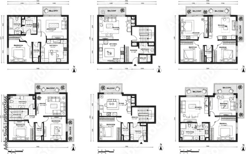 Transparent PNG available
Architectural cross section drawings of six different house designs showing interior layouts and structural details