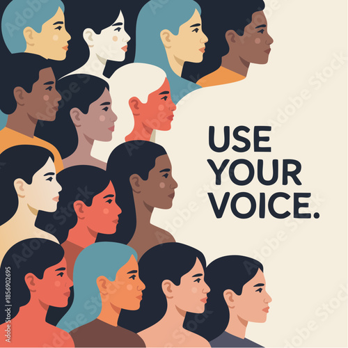 layered faces rise beside bold call to speak, celebrating diverse voices and the power of self-expression