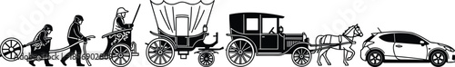 Transportation, evolution, silhouette, cart, rickshaw, carriage, wagon, coach, automobile, history, progress, vehicle, timeline, black, white, motion, travel, vintage, illustration, sequence