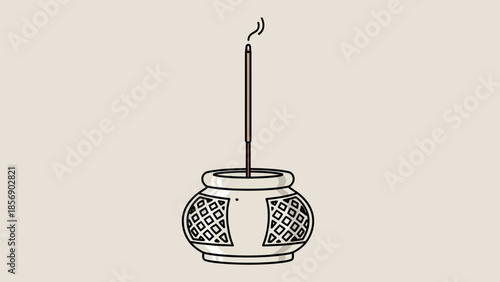 Incense stick burning in a decorative holder with smoke rising.