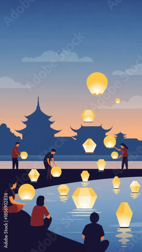 People launch glowing lanterns into the sky and water at dusk.