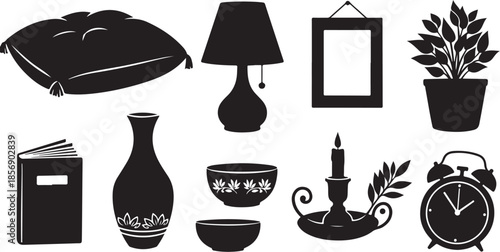 Collection of black and white silhouettes representing various home decor items