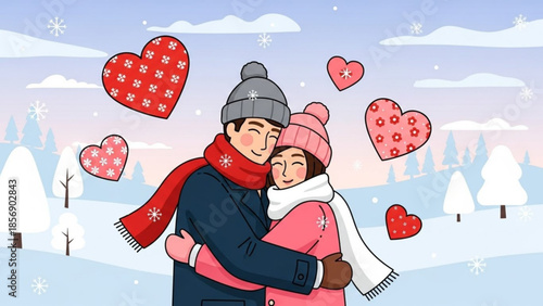 Loving couple embracing in snowy landscape with floating hearts winter scenery
