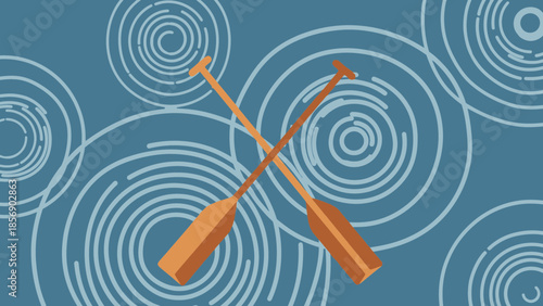 Two wooden oars crossed over abstract water ripples.