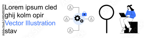 Data security, analytics, technology, online connectivity, user management, work processes. A person working on a laptop alongside a gear and lock system. Data security and analytics concept