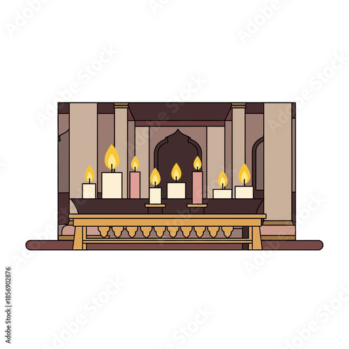 Lit candles on a decorative stand in front of an arched structure.