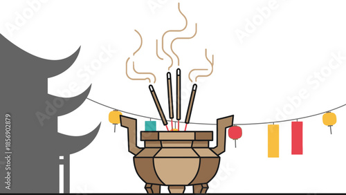 Incense burner with sticks, smoke, lanterns, and pagoda silhouette.