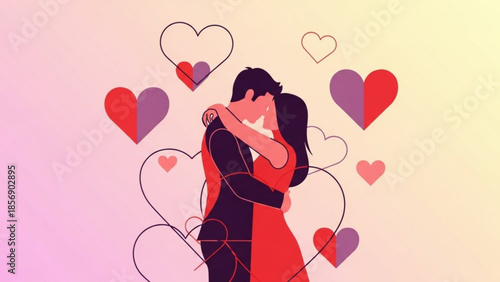 Loving couple sharing romantic kiss surrounded by colorful hearts gradient background