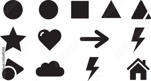 Collection of solid black geometric shape and utility icons for design.