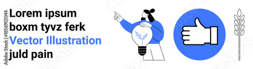 Innovation, sustainability, creativity, agriculture, eco-friendly design, approval concepts. A person holding a lightbulb, a thumbs-up icon and a wheat stalk. Innovation and sustainability