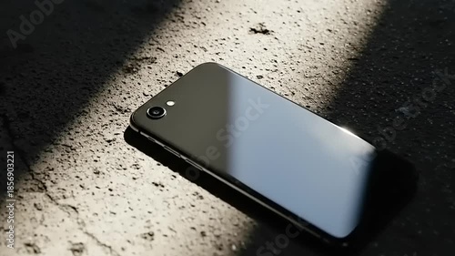 Smartphone on concrete floor with sunlight modern technology device.