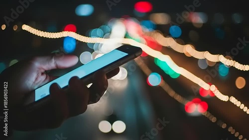 Smartphone User Engaged in Nighttime Communication with City Lights.