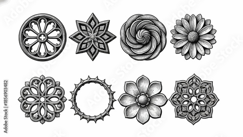 A collection of intricate black and white floral designs and patterns are displayed in a grid formation.