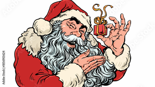 Santa Claus holding a gift box with a gesture of generosity and joy