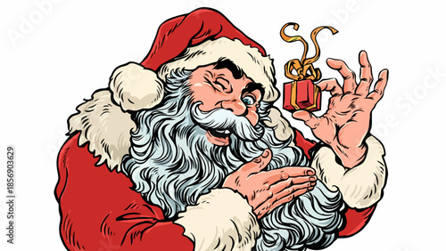 A smiling Santa Claus holds a gift in his hand with a joyful expression