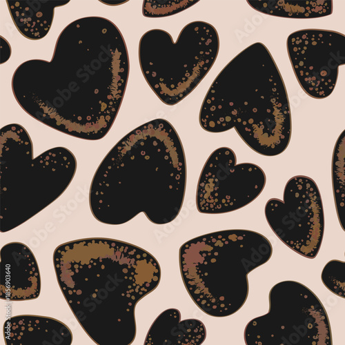 Black shiny hearts on brown background seamless pattern. Vector illustration. Abstract heart-shaped print.