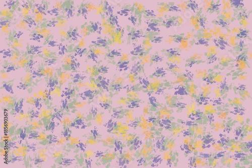 Soft pastel abstract background with colorful artistic brush strokes on pink backdrop, Impressionist style texture with purple, yellow, and green paint dabs for creative design.