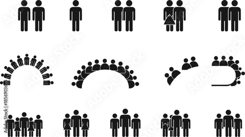Black people silhouette icon set with diverse crowds and human figure arrangements isolated on white background for social community and teamwork design.