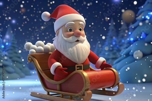 Santa Claus riding sleigh through snowy night with Christmas trees