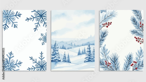 Snowy landscape with snowflakes and pine branches in a winter scene from a distant viewpoint