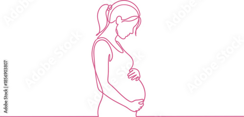 Minimal line art pregnant woman silhouette, motherhood illustration, pregnancy concept, expecting mother outline, maternity design, prenatal care, family love