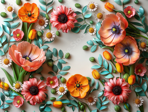 3d Text Mother's Day greeting with delicate white and pink flowers arranged around text. Soft tones and floral details create tender and loving atmosphere.