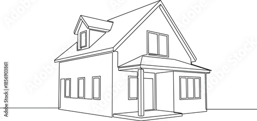 Modern house architectural line drawing, residential home exterior outline illustration, minimal blueprint style building design for construction concept visualization